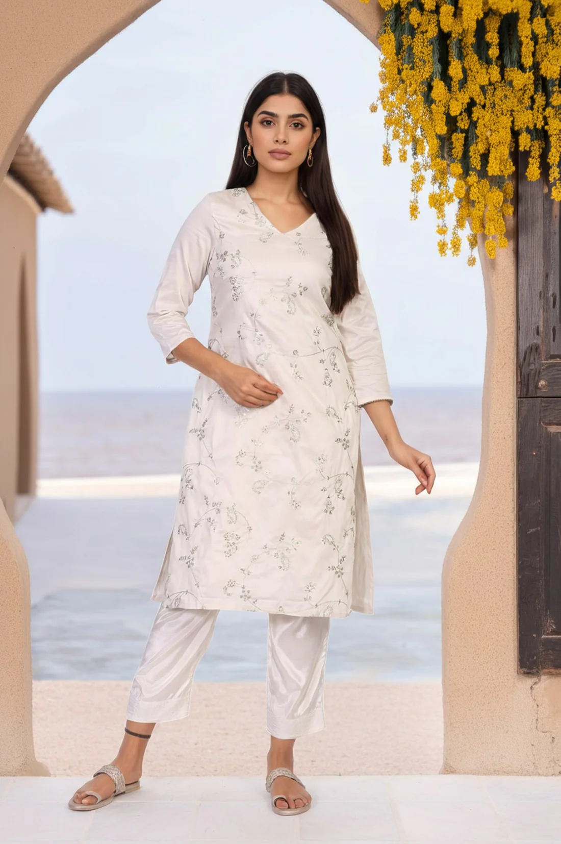 Off White Embroidered Straight Viscose Kurta